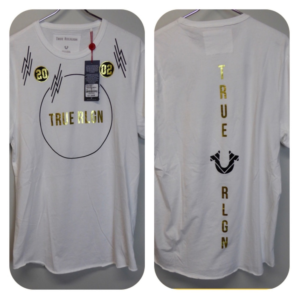True Religion Mixed Media Graphic Gold T-Shirt NWT